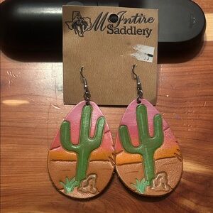 McIntire Saddlery Pink Desert Cactus Leather Teardrop Earrings Hand Tooled NWT